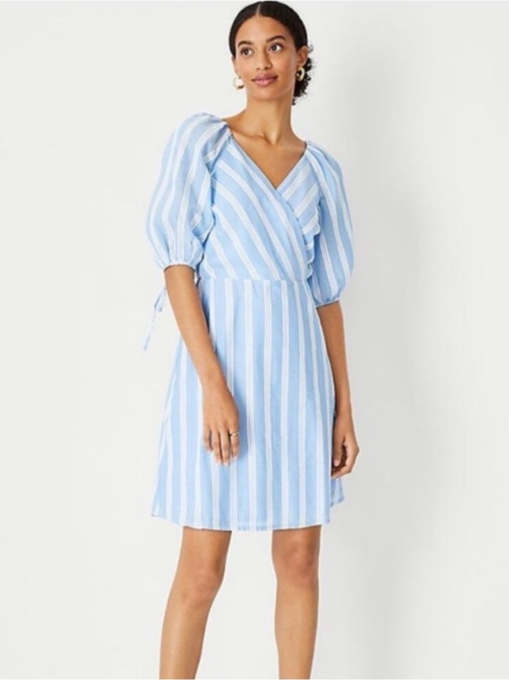 Ann Taylor Blue White Stripe Puff Sleeve Faux Wrap Dress 8 Coastal Cottagecore
